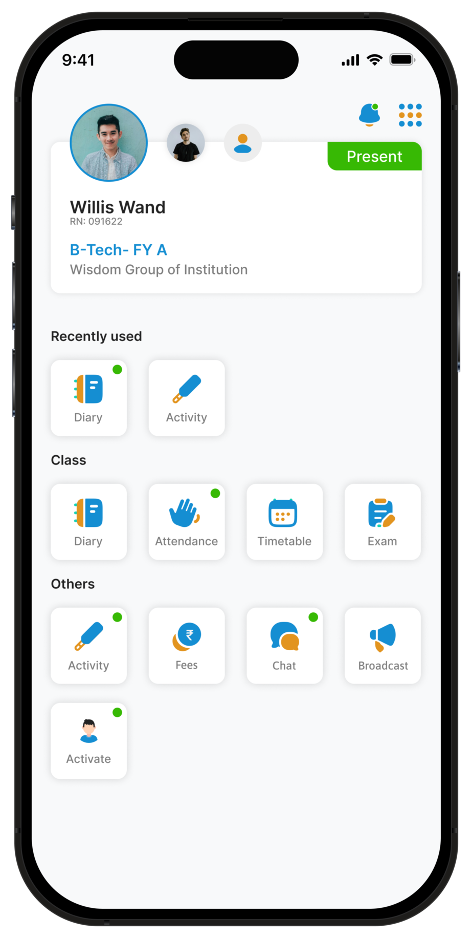 Bluewings parent app home screen