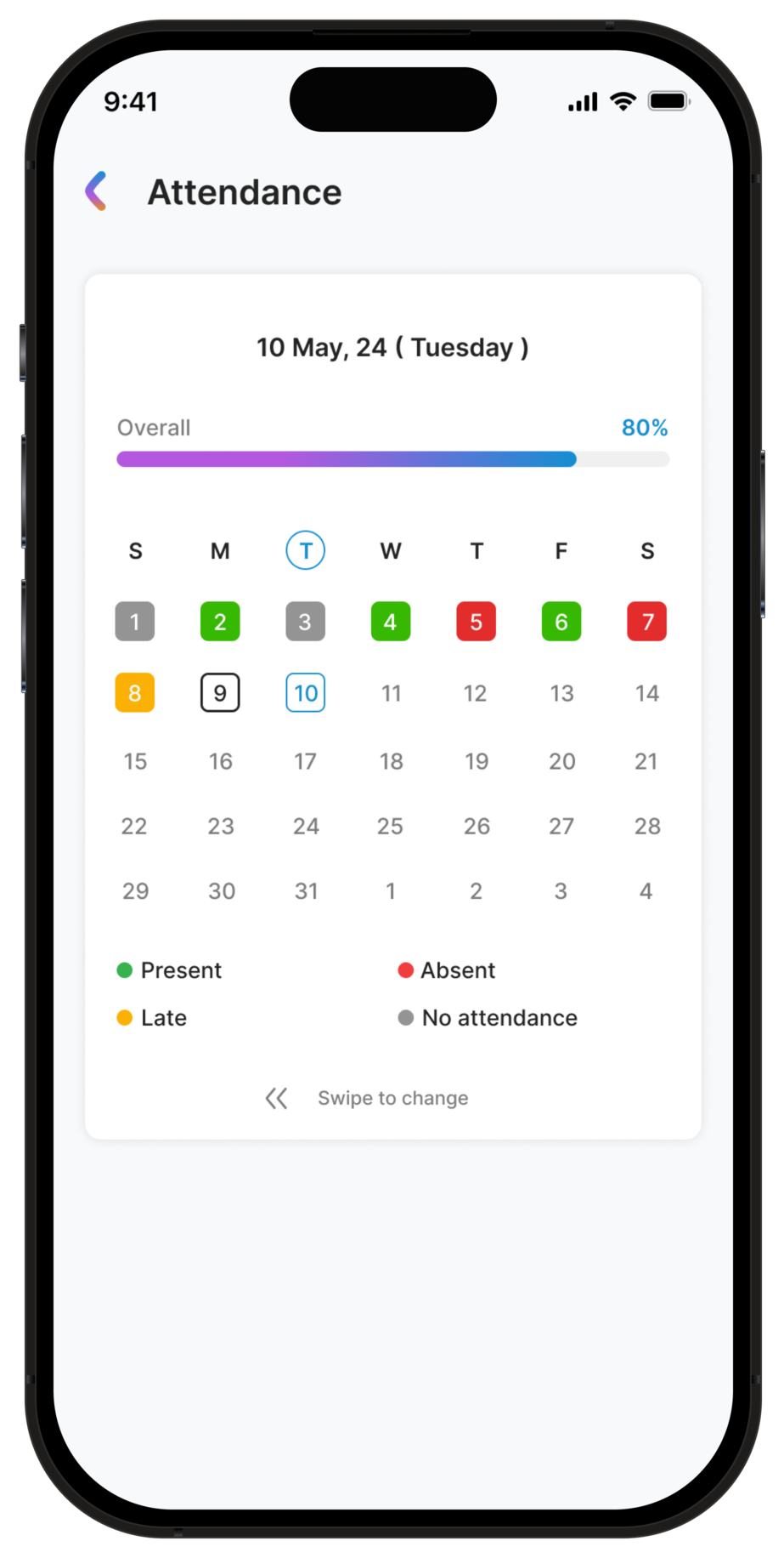 Bluewings staff app attendance screen
