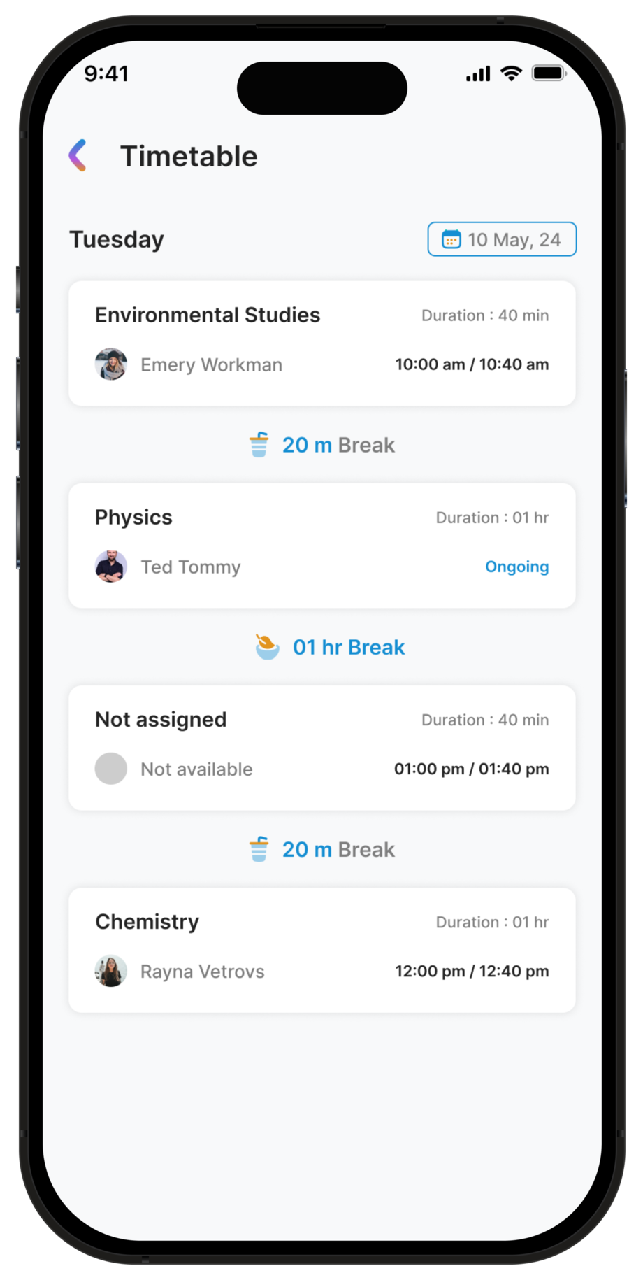 Bluewings student app timetable screen